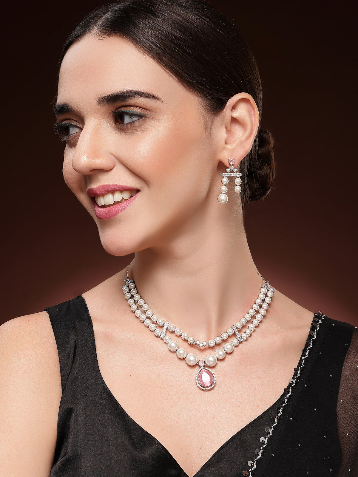 Sukkhi lovely Pink Pear Design Rhodium Plated with CZ & Pearl Studded Brass Two Layered Collar Necklace with Drop Earrings Jewellery Set for Women|Latest Stylish Gifts for All Occasions|NS116047