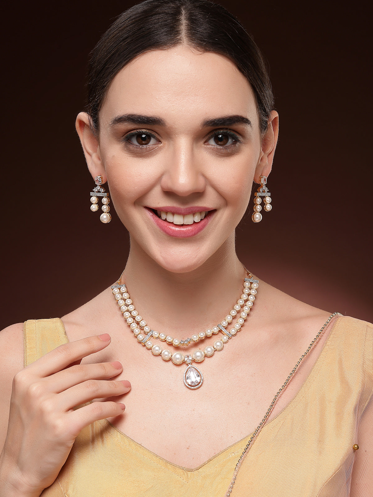 Sukkhi Awesome Stylish Pear Design Gold Plated with CZ & Pearl Studded White Brass Two Layered Collar Necklace & Drop Earrings Jewellery Set for Women|Latest Stylish Gifts for All Occasions|NS116048