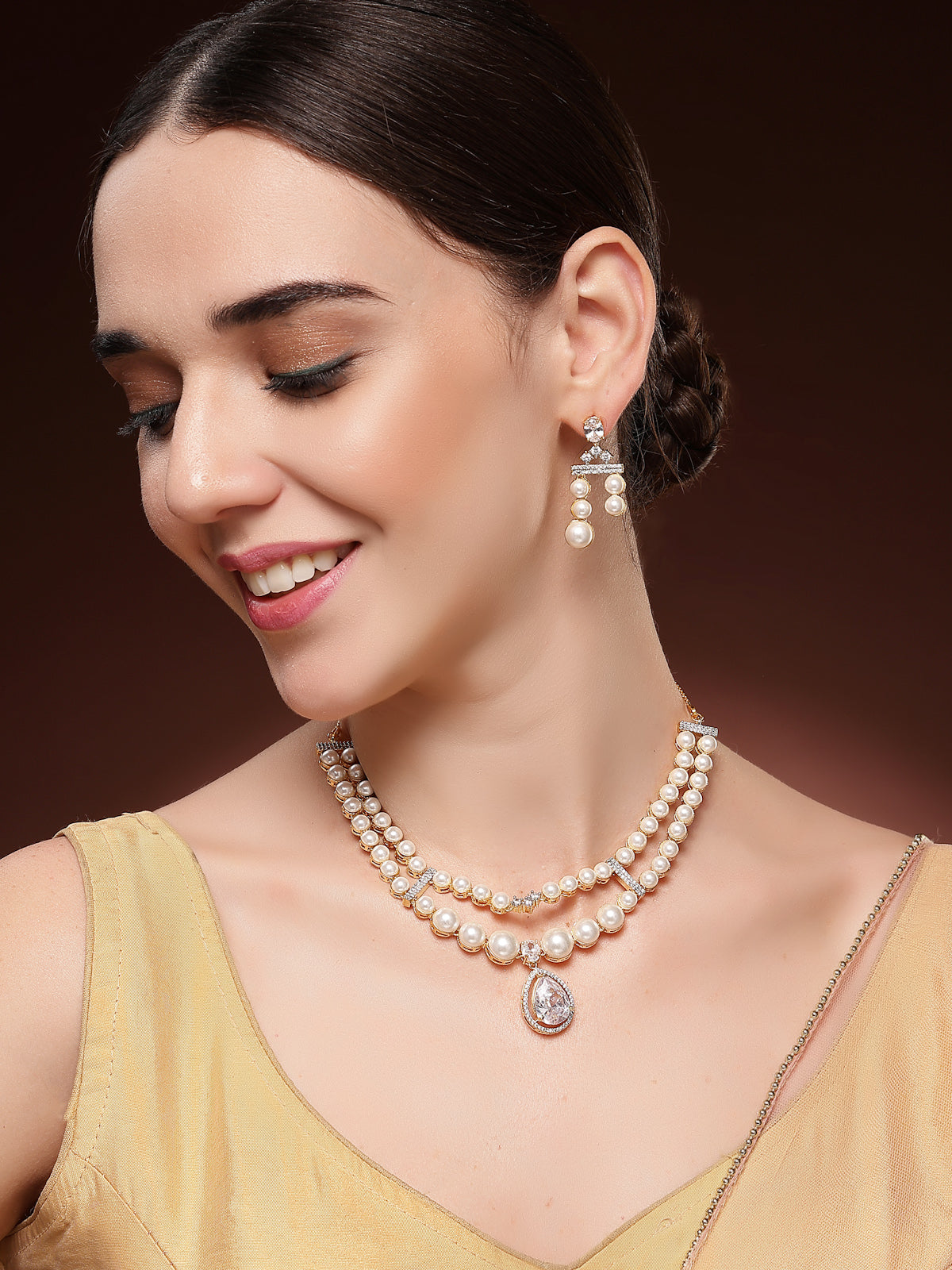 Sukkhi Awesome Stylish Pear Design Gold Plated with CZ & Pearl Studded White Brass Two Layered Collar Necklace & Drop Earrings Jewellery Set for Women|Latest Stylish Gifts for All Occasions|NS116048