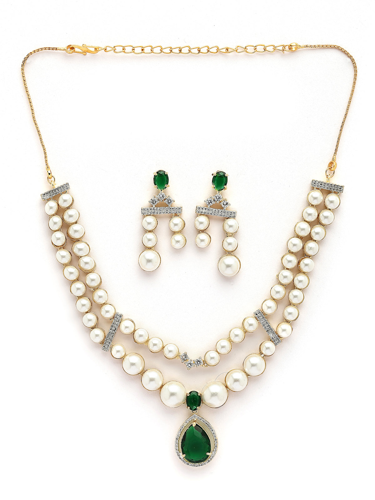 Sukkhi Iconic Pear Design Gold Plated with CZ & Pearl Studded Green Brass Two Layered Collar Necklace with Drop Earrings Jewellery Set for Women|Latest Stylish Gifts for All Occasions|NS116049