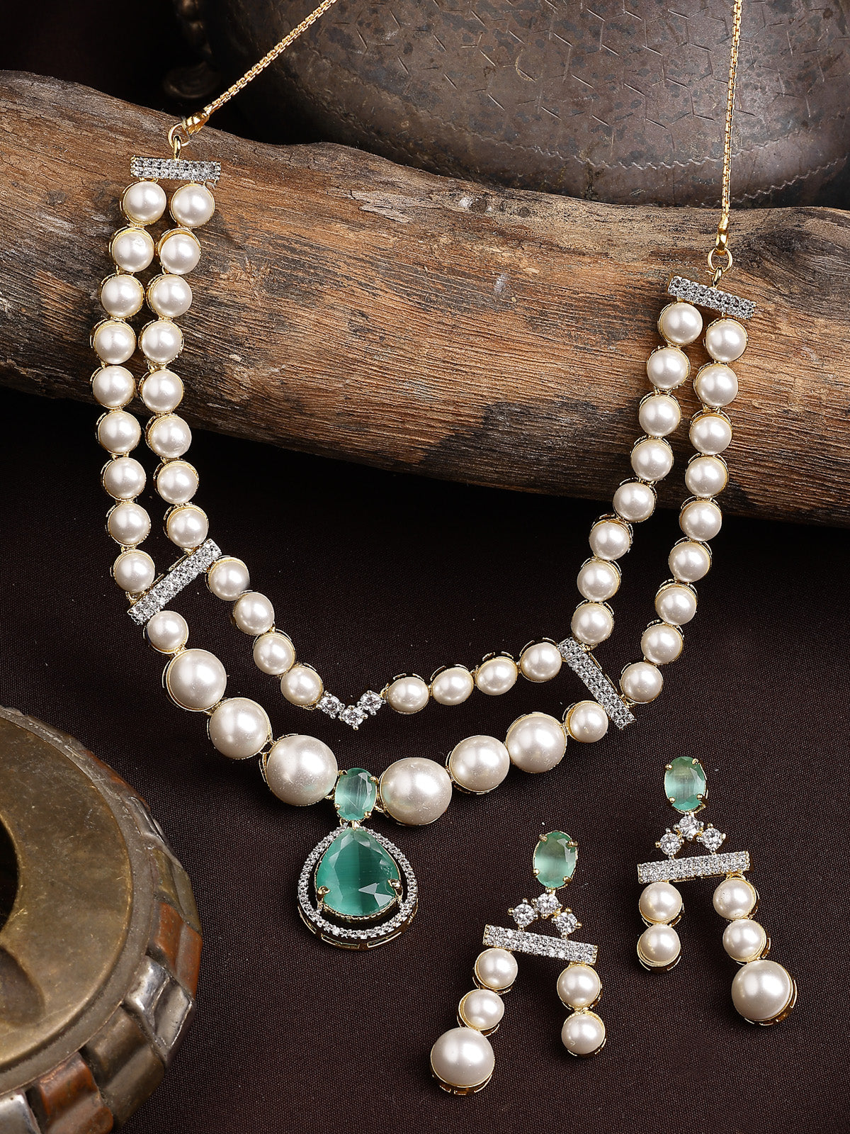 Sukkhi Incredible Pear Design & Gold Plated CZ & Pearl Studded Mint Green Brass Two Layered Collar Necklace with Drop Earrings Jewellery Set for Women|Latest Stylish Gifts for All Occasions|NS116050