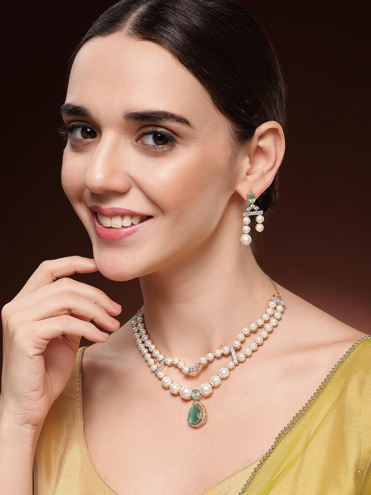 Sukkhi Incredible Pear Design & Gold Plated CZ & Pearl Studded Mint Green Brass Two Layered Collar Necklace with Drop Earrings Jewellery Set for Women|Latest Stylish Gifts for All Occasions|NS116050