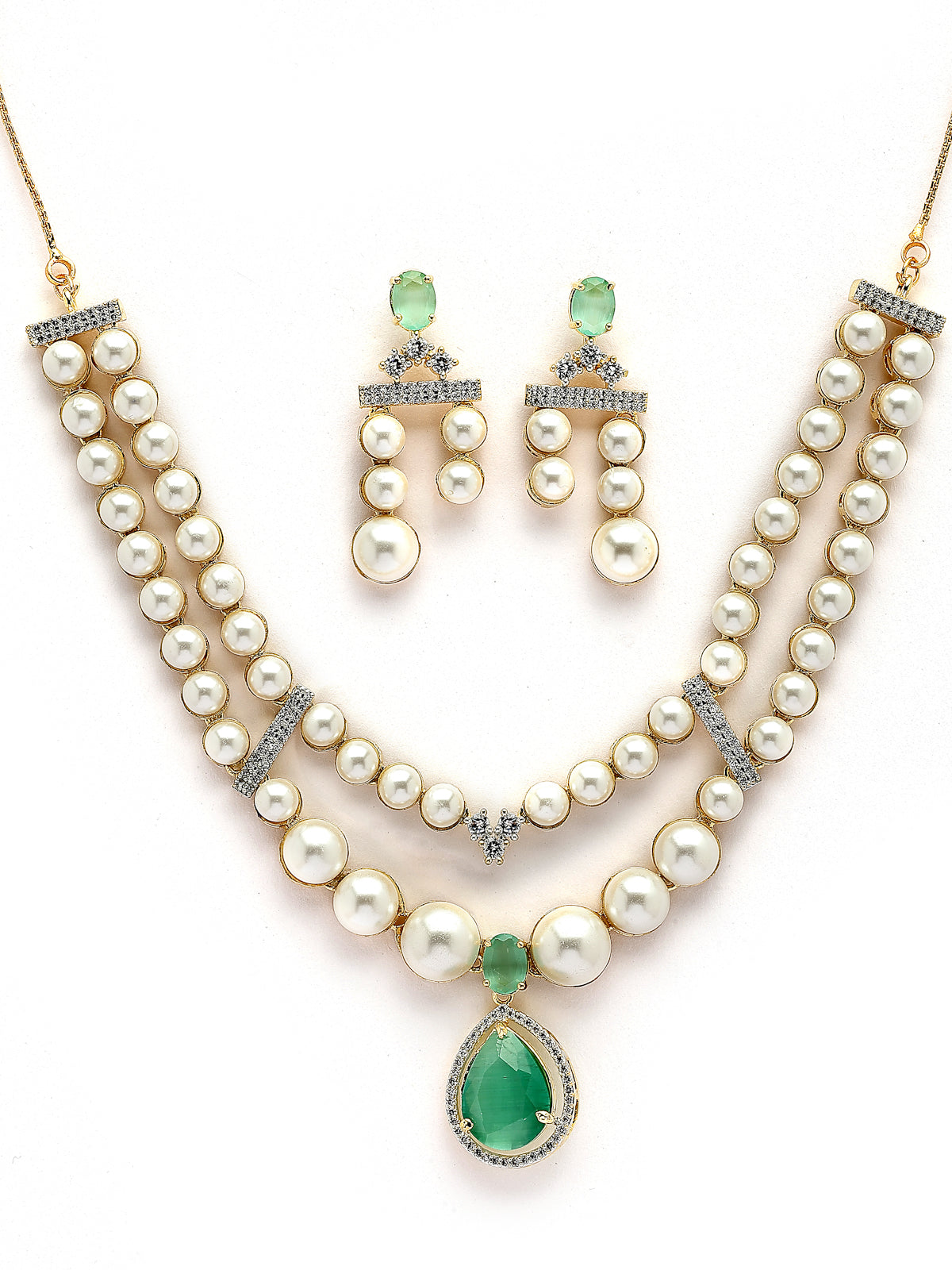 Sukkhi Incredible Pear Design & Gold Plated CZ & Pearl Studded Mint Green Brass Two Layered Collar Necklace with Drop Earrings Jewellery Set for Women|Latest Stylish Gifts for All Occasions|NS116050
