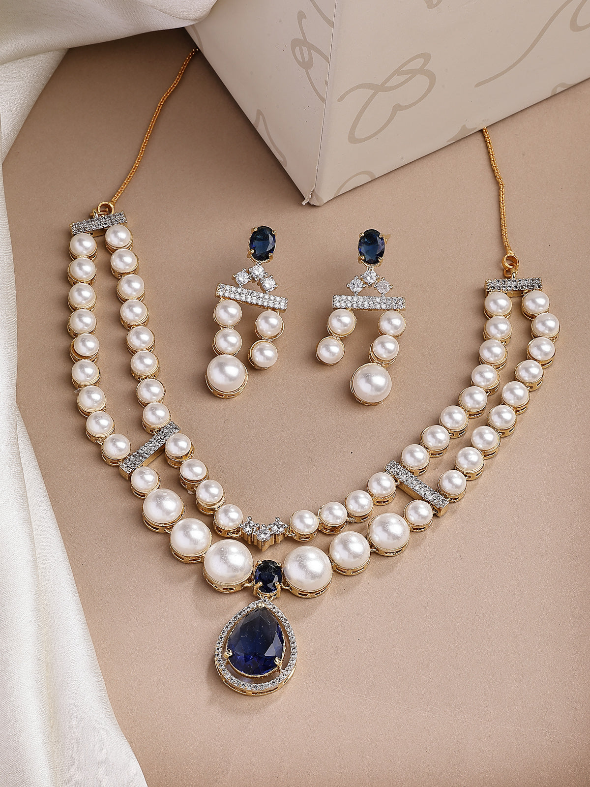 Sukkhi Glamorous Blue Pear Design Gold Plated CZ & Pearl Studded Brass Two Layered Collar Necklace with Drop Earrings Jewellery Set for Women|Latest Stylish Gifts for All Occasions|NS116051