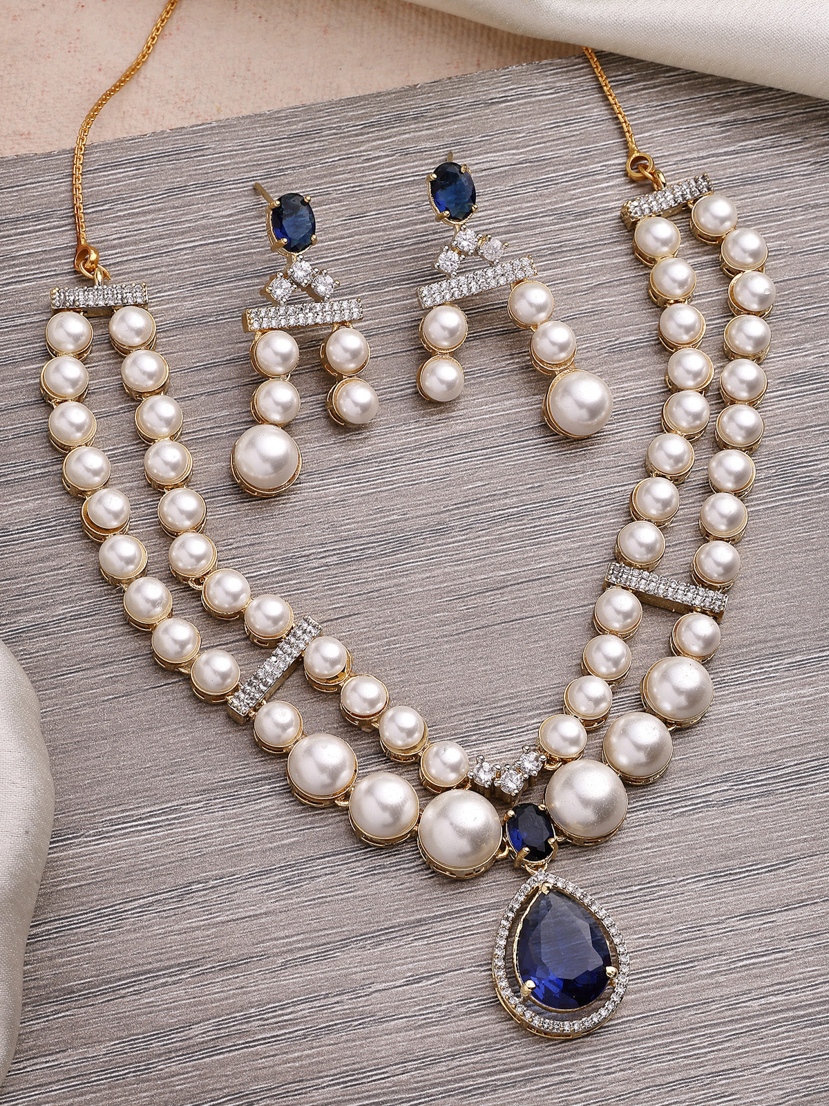 Sukkhi Glamorous Blue Pear Design Gold Plated CZ & Pearl Studded Brass Two Layered Collar Necklace with Drop Earrings Jewellery Set for Women|Latest Stylish Gifts for All Occasions|NS116051