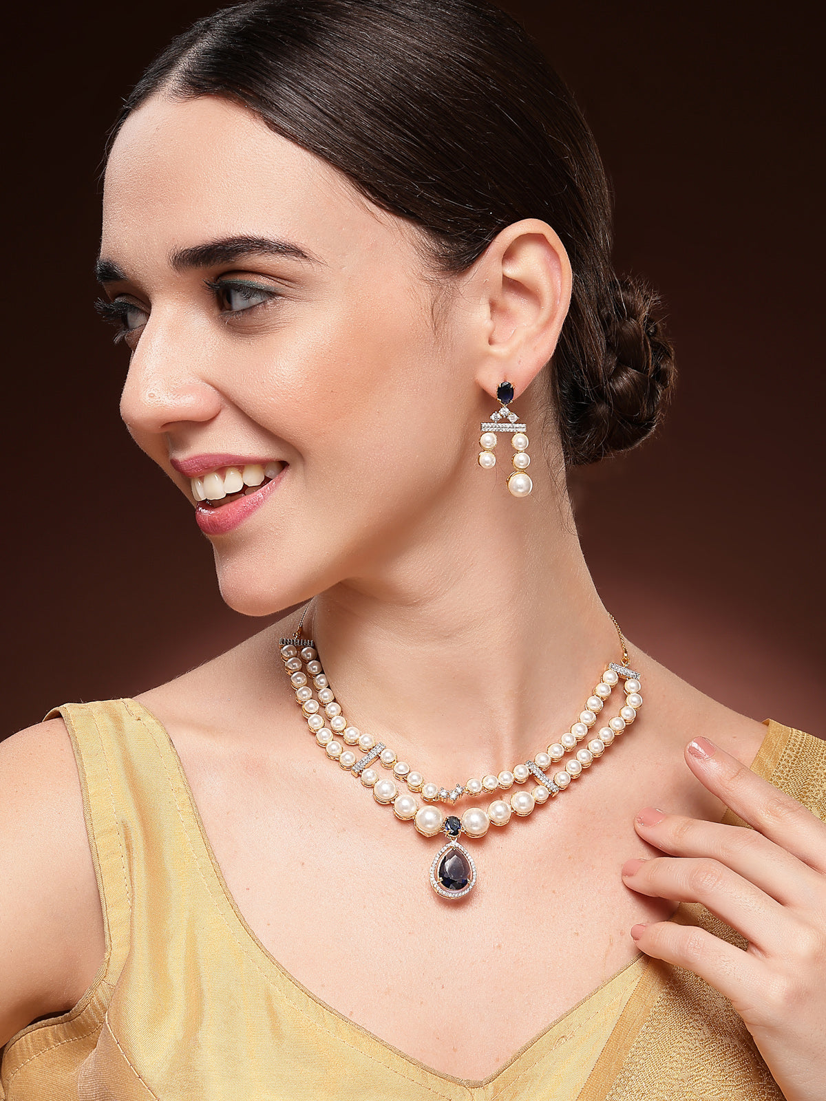 Sukkhi Glamorous Blue Pear Design Gold Plated CZ & Pearl Studded Brass Two Layered Collar Necklace with Drop Earrings Jewellery Set for Women|Latest Stylish Gifts for All Occasions|NS116051