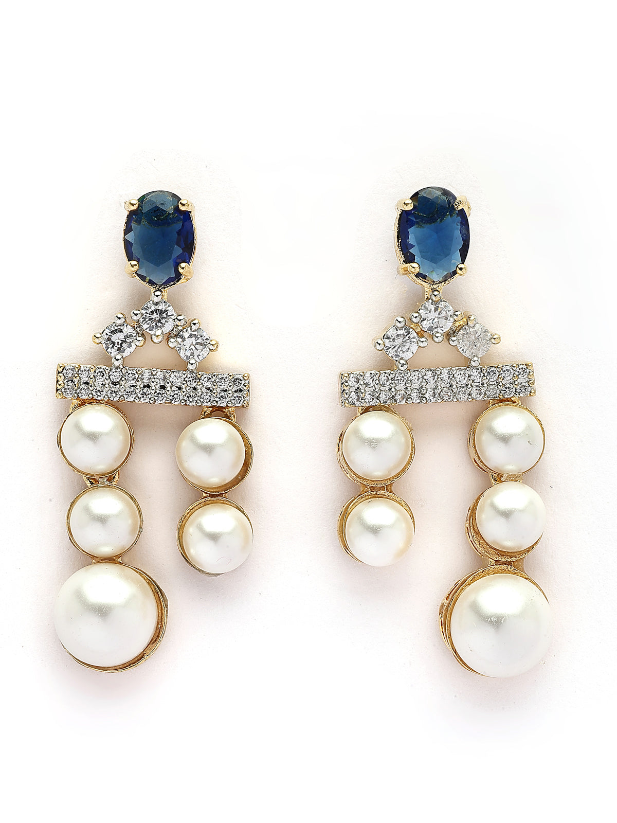 Sukkhi Glamorous Blue Pear Design Gold Plated CZ & Pearl Studded Brass Two Layered Collar Necklace with Drop Earrings Jewellery Set for Women|Latest Stylish Gifts for All Occasions|NS116051