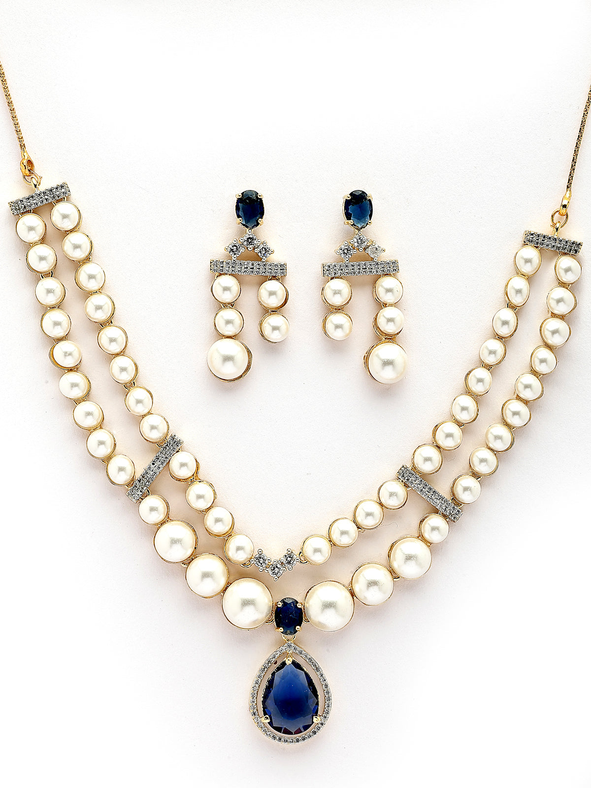 Sukkhi Glamorous Blue Pear Design Gold Plated CZ & Pearl Studded Brass Two Layered Collar Necklace with Drop Earrings Jewellery Set for Women|Latest Stylish Gifts for All Occasions|NS116051