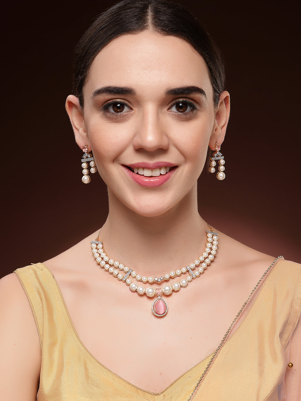 Sukkhi Beautiful Pink Pear Design Gold Plated Cubic Zirconia & Pearl Studded Brass Two Layered Collar Necklace & Drop Earrings Jewellery Set for Women|Latest Stylish Gifts for All Occasions|NS116053