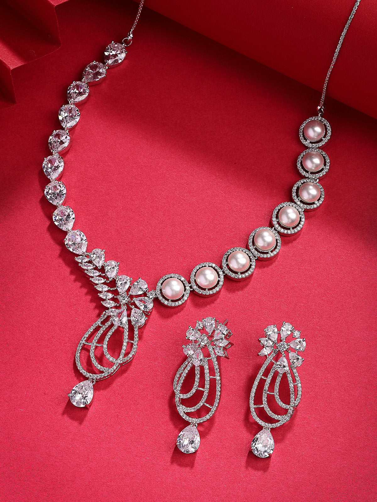 Sukkhi Delicate Tear Drop Round Design Rhodium Plated Cubic Zirconia & Pearl Studded White Brass Collar Necklace & Drop Earrings Jewellery Set for Women|Latest Stylish Gift for All Occasions|NS116054