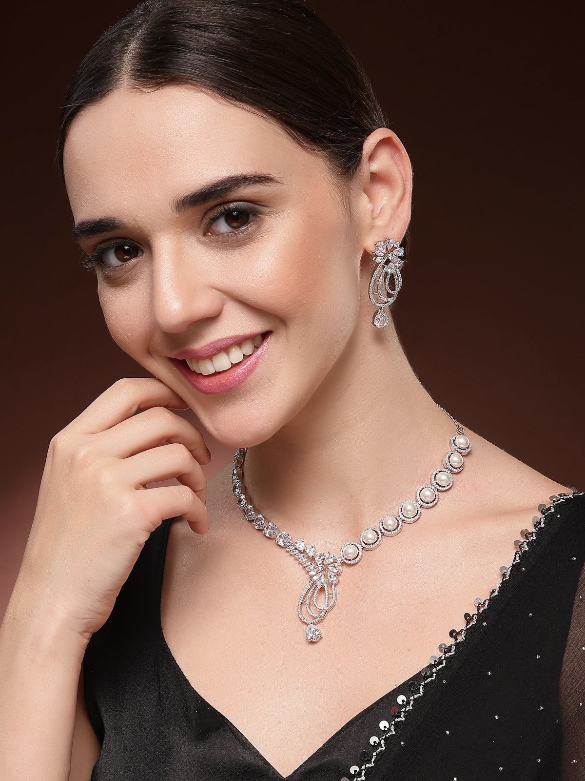 Sukkhi Delicate Tear Drop Round Design Rhodium Plated Cubic Zirconia & Pearl Studded White Brass Collar Necklace & Drop Earrings Jewellery Set for Women|Latest Stylish Gift for All Occasions|NS116054