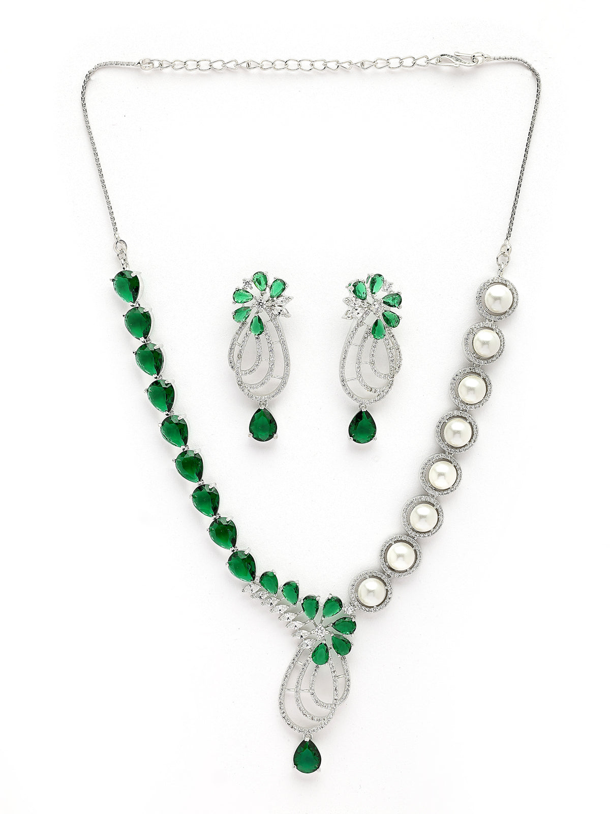 Sukkhi Designer Tear Drop Round Design Rhodium Plated Cubic Zirconia & Pearl Studded Green Brass Collar Necklace & Drop Earrings Jewellery Set for Women|Latest Stylish Gift for All Occasions|NS116055