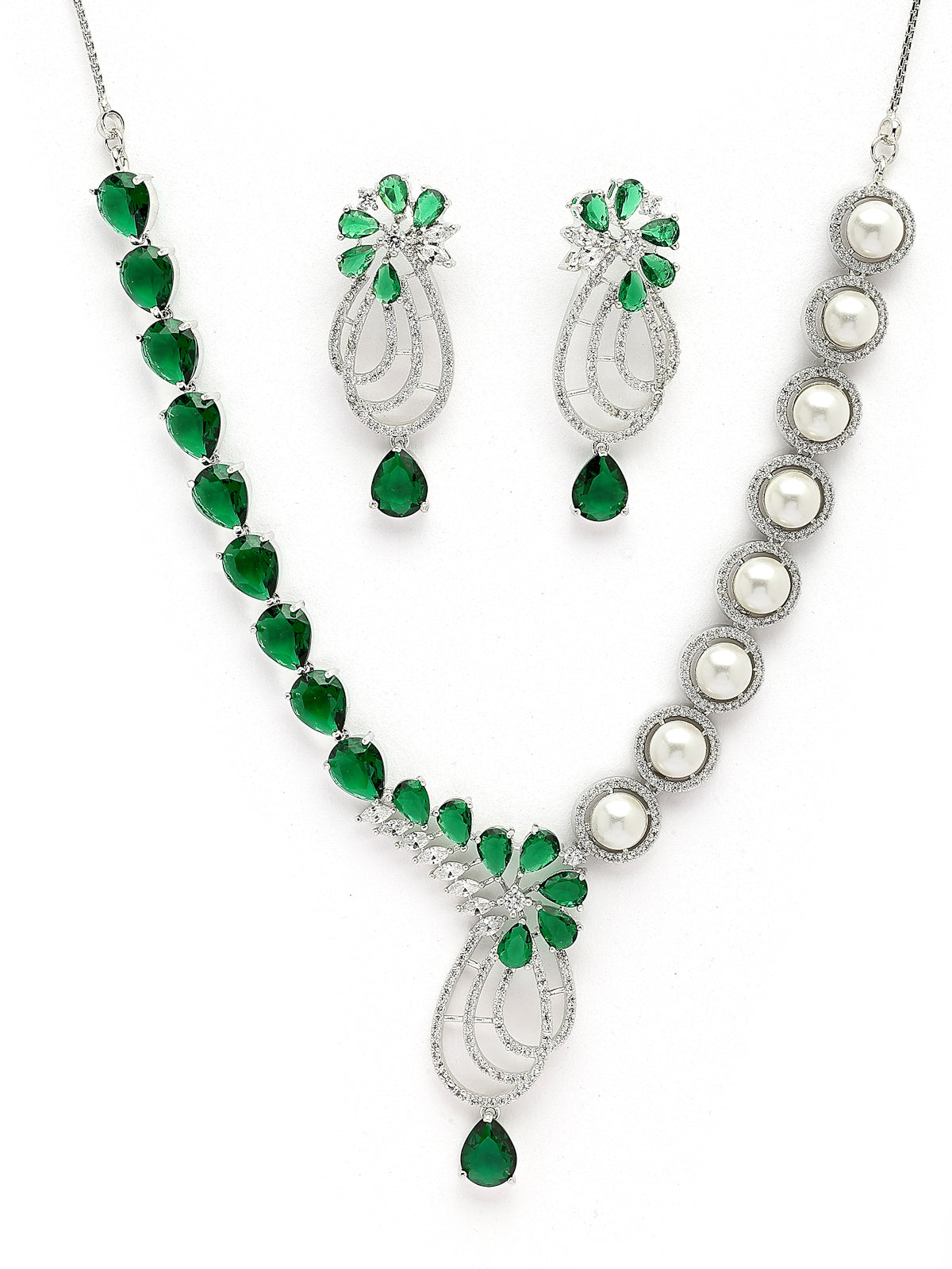 Sukkhi Designer Tear Drop Round Design Rhodium Plated Cubic Zirconia & Pearl Studded Green Brass Collar Necklace & Drop Earrings Jewellery Set for Women|Latest Stylish Gift for All Occasions|NS116055