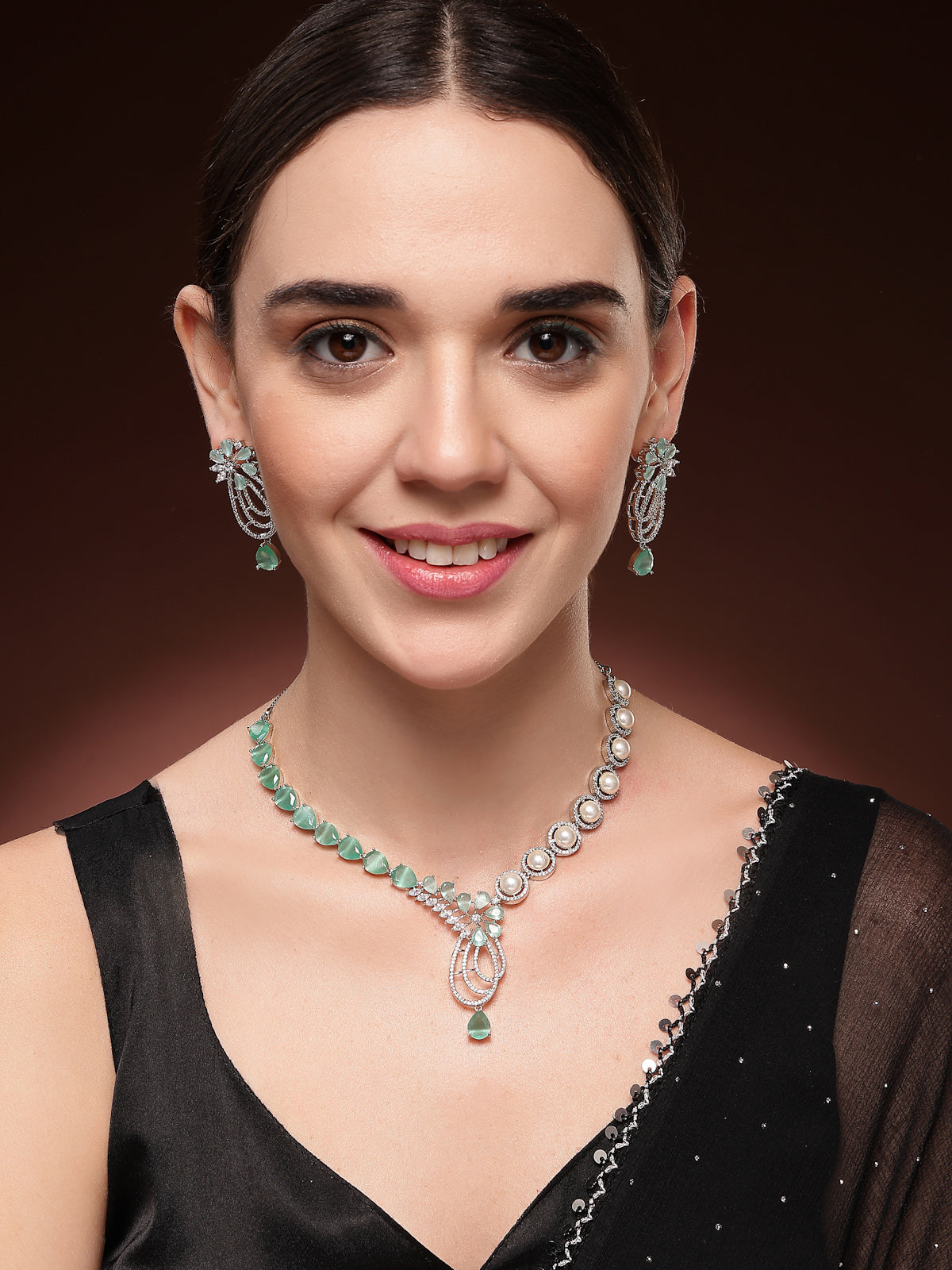 Sukkhi Stylish Tear Drop Round Design Rhodium Plated CZ & Pearl Studded Mint Green Brass Collar Necklace & Drop Earrings Jewellery Set for Women|Latest Stylish Gifts for All Occasions|NS116056