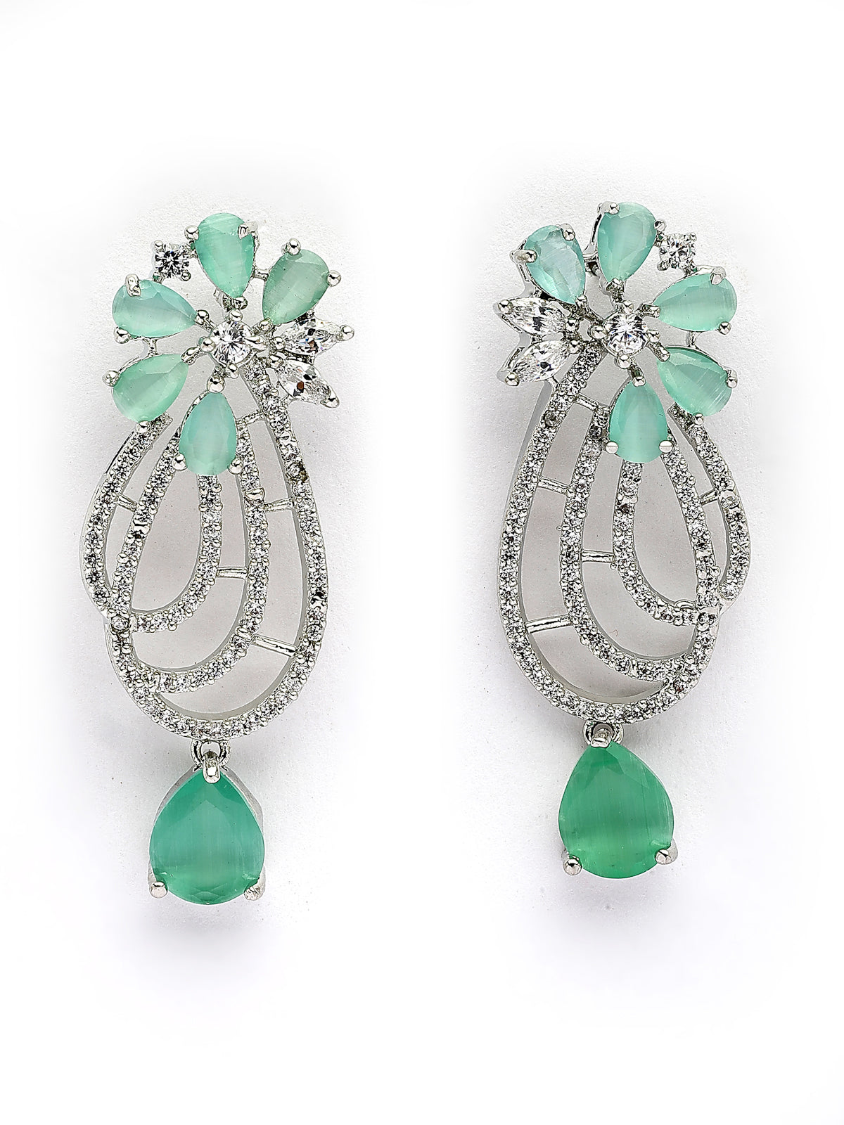 Sukkhi Stylish Tear Drop Round Design Rhodium Plated CZ & Pearl Studded Mint Green Brass Collar Necklace & Drop Earrings Jewellery Set for Women|Latest Stylish Gifts for All Occasions|NS116056