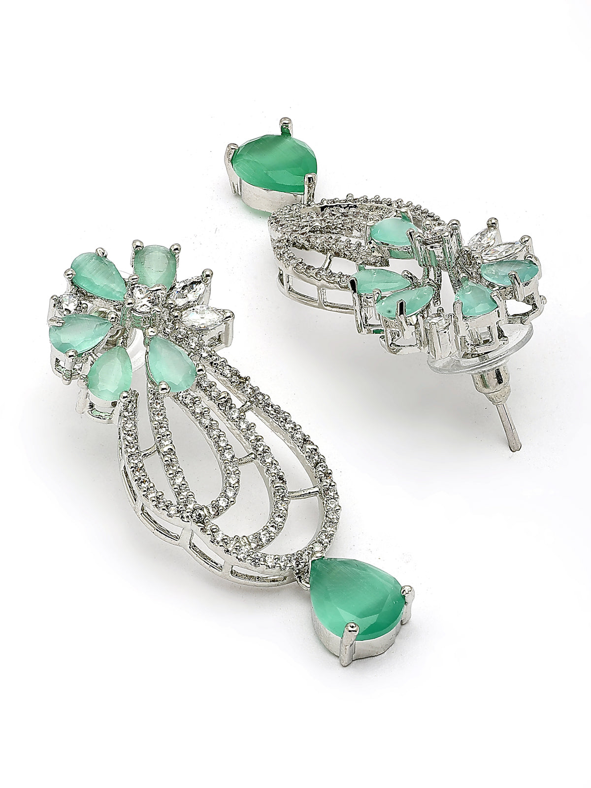 Sukkhi Stylish Tear Drop Round Design Rhodium Plated CZ & Pearl Studded Mint Green Brass Collar Necklace & Drop Earrings Jewellery Set for Women|Latest Stylish Gifts for All Occasions|NS116056