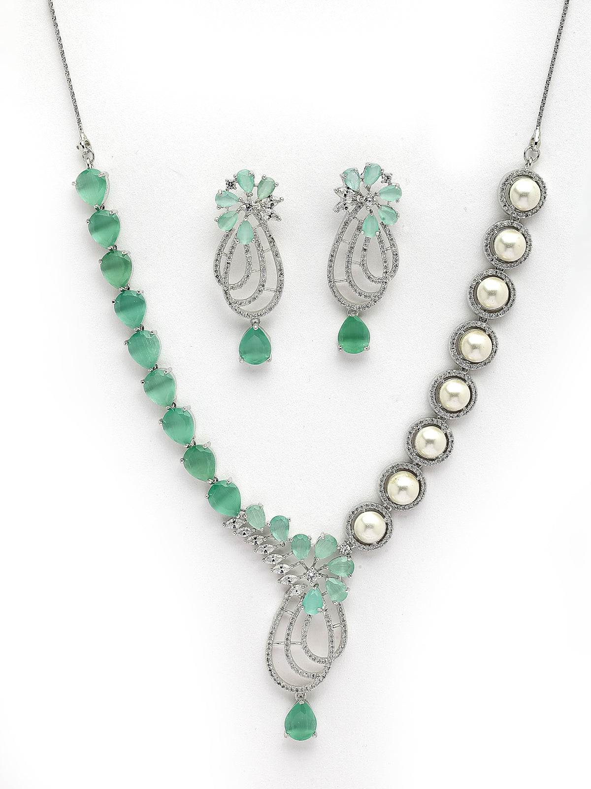 Sukkhi Stylish Tear Drop Round Design Rhodium Plated CZ & Pearl Studded Mint Green Brass Collar Necklace & Drop Earrings Jewellery Set for Women|Latest Stylish Gifts for All Occasions|NS116056