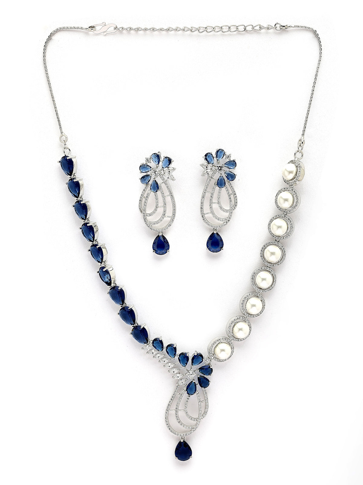 Sukkhi Classic Tear Drop Round Design Rhodium Plated Cubic Zirconia & Pearl Studded Blue Brass Collar Necklace & Drop Earrings Jewellery Set for Women|Latest Stylish Gifts for All Occasions|NS116057