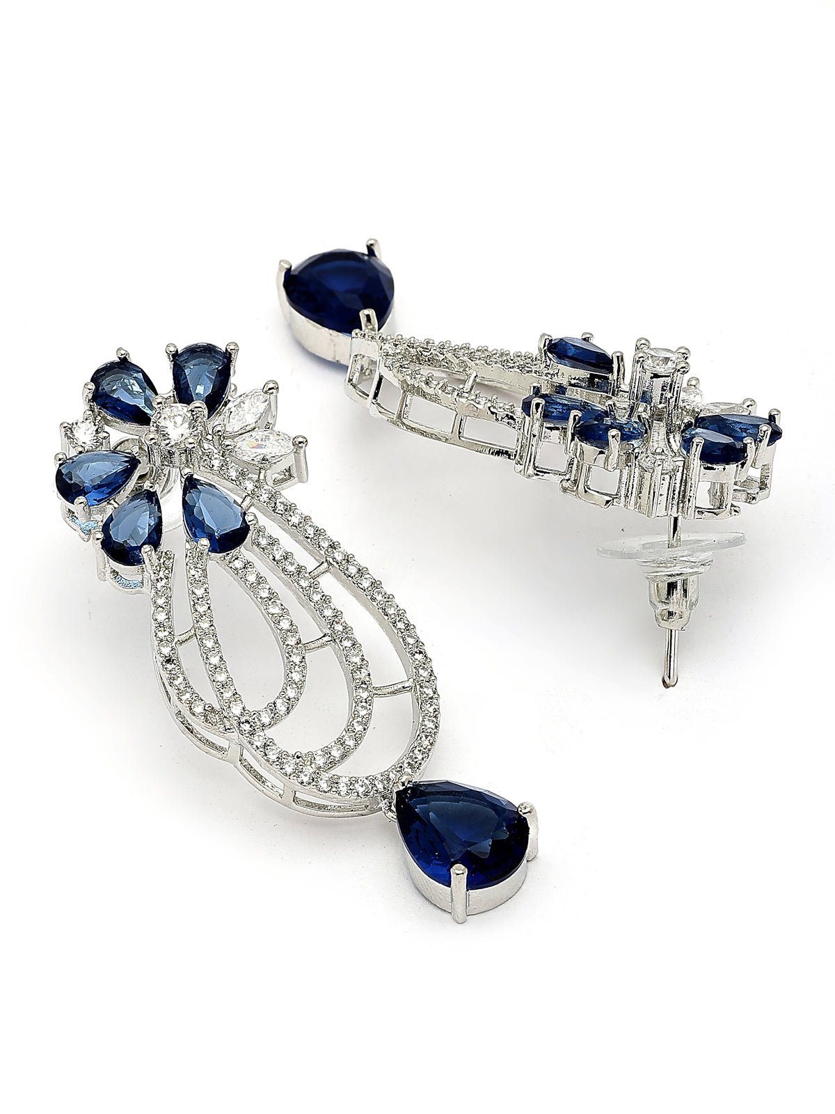 Sukkhi Classic Tear Drop Round Design Rhodium Plated Cubic Zirconia & Pearl Studded Blue Brass Collar Necklace & Drop Earrings Jewellery Set for Women|Latest Stylish Gifts for All Occasions|NS116057