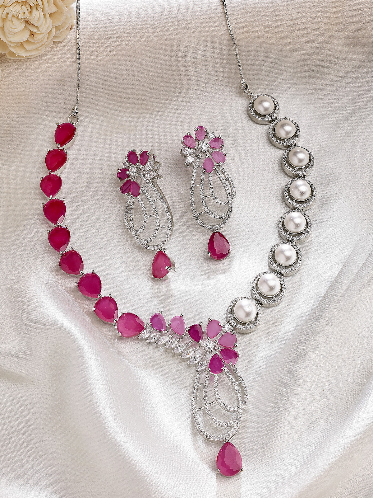 Sukkhi Red Cherry Tear Drop Round Design Rhodium Plated Cubic Zirconia & Pearl Studded Brass Collar Necklace with Drop Earrings Jewellery Set for Women|Latest Stylish Gifts for All Occasions|NS116058