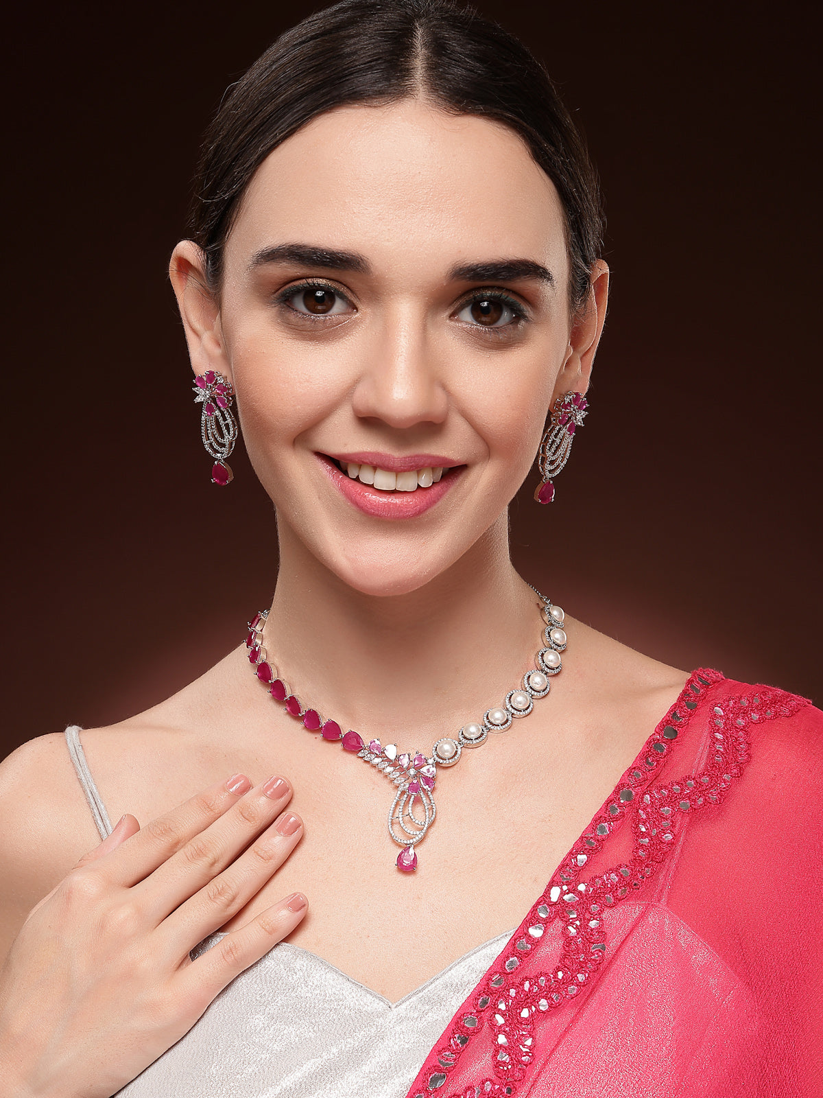 Sukkhi Red Cherry Tear Drop Round Design Rhodium Plated Cubic Zirconia & Pearl Studded Brass Collar Necklace with Drop Earrings Jewellery Set for Women|Latest Stylish Gifts for All Occasions|NS116058
