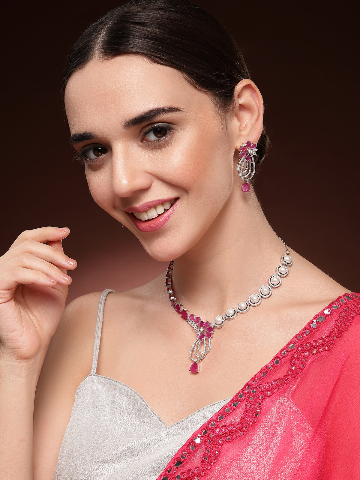 Sukkhi Red Cherry Tear Drop Round Design Rhodium Plated Cubic Zirconia & Pearl Studded Brass Collar Necklace with Drop Earrings Jewellery Set for Women|Latest Stylish Gifts for All Occasions|NS116058