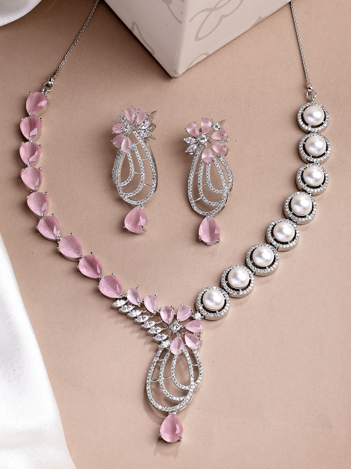 Sukkhi Pretty Pink Tear Drop Round Design Rhodium Plated Cubic Zirconia & Pearl Studded Brass Collar Necklace & Drop Earrings Jewellery Set for Women|Latest Stylish Gifts for All Occasions|NS116059