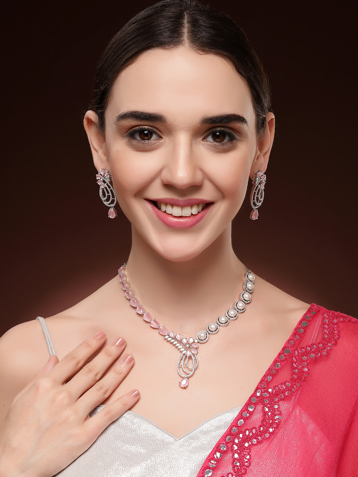 Sukkhi Pretty Pink Tear Drop Round Design Rhodium Plated Cubic Zirconia & Pearl Studded Brass Collar Necklace & Drop Earrings Jewellery Set for Women|Latest Stylish Gifts for All Occasions|NS116059