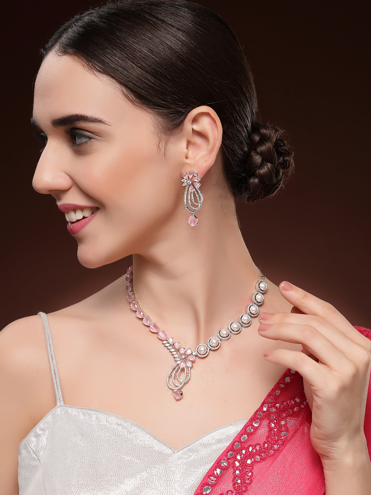 Sukkhi Pretty Pink Tear Drop Round Design Rhodium Plated Cubic Zirconia & Pearl Studded Brass Collar Necklace & Drop Earrings Jewellery Set for Women|Latest Stylish Gifts for All Occasions|NS116059