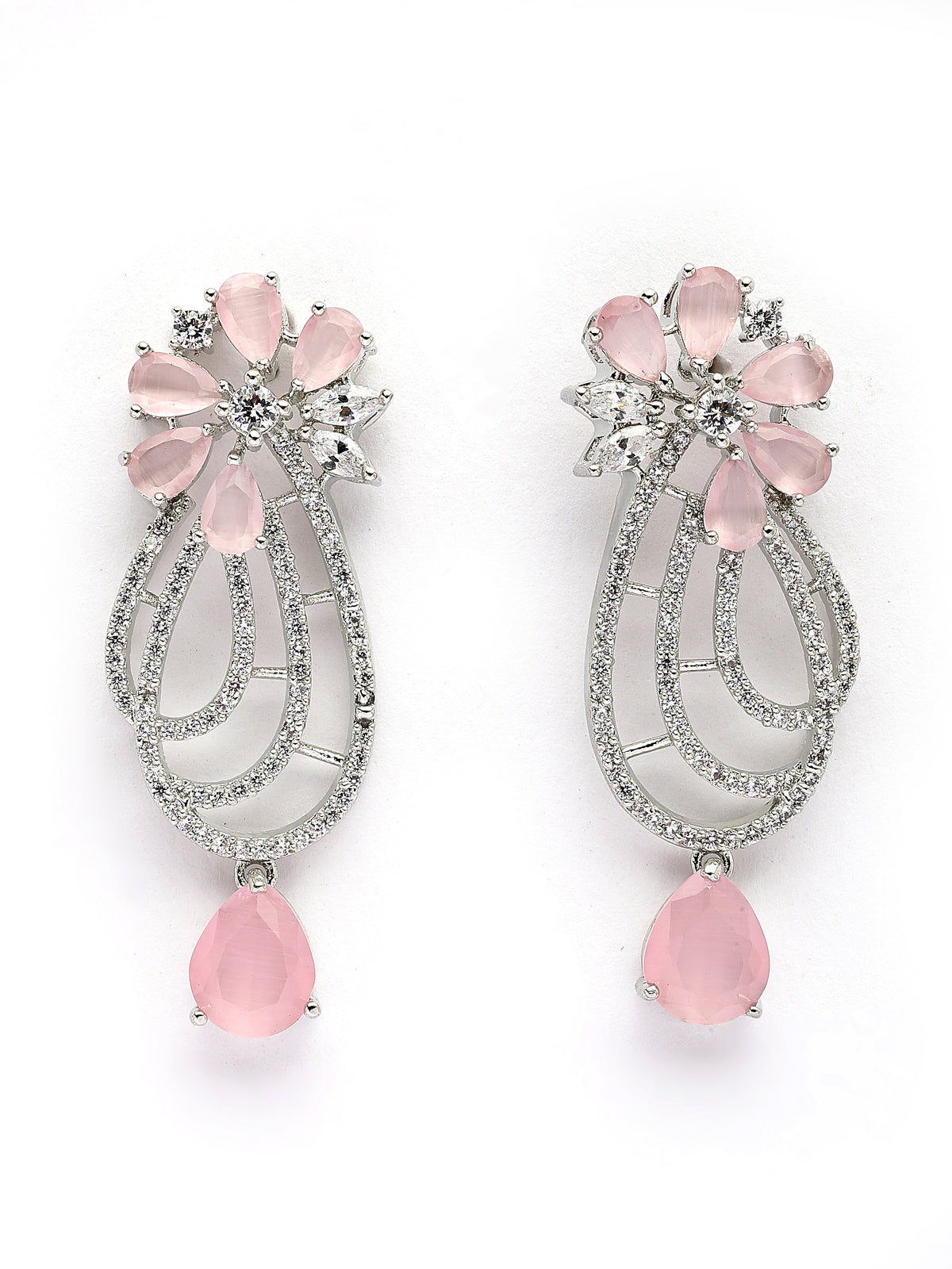 Sukkhi Pretty Pink Tear Drop Round Design Rhodium Plated Cubic Zirconia & Pearl Studded Brass Collar Necklace & Drop Earrings Jewellery Set for Women|Latest Stylish Gifts for All Occasions|NS116059