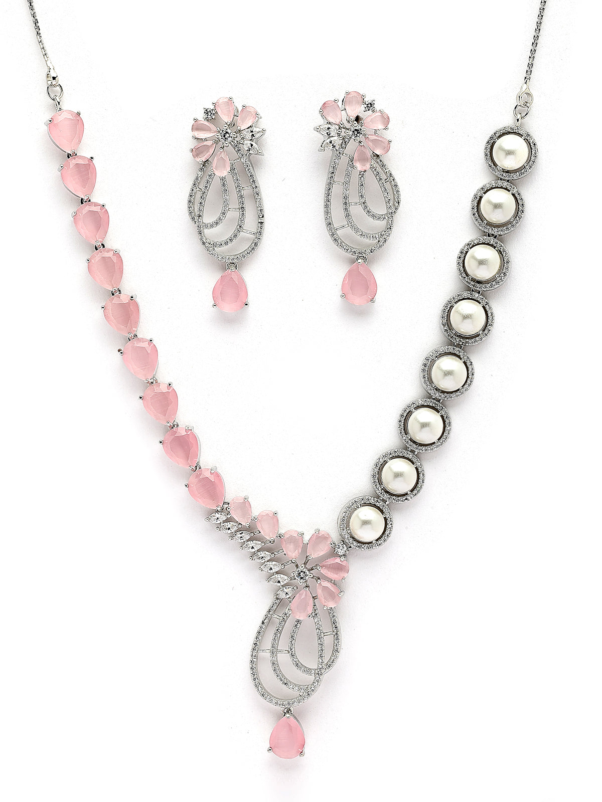Sukkhi Pretty Pink Tear Drop Round Design Rhodium Plated Cubic Zirconia & Pearl Studded Brass Collar Necklace & Drop Earrings Jewellery Set for Women|Latest Stylish Gifts for All Occasions|NS116059