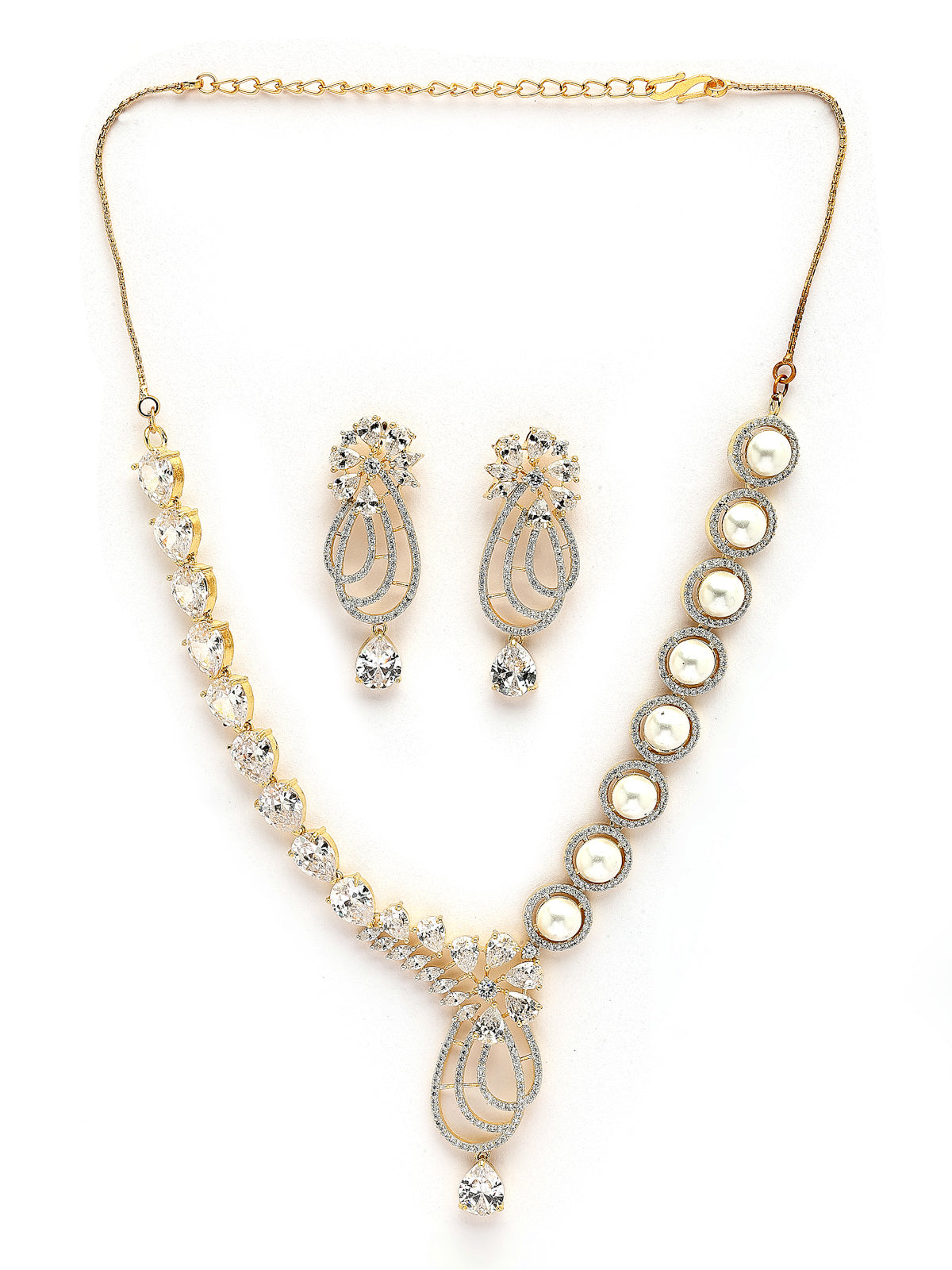 Sukkhi Admirable Tear Drop Round Design Gold Plated Cubic Zirconia & Pearl Studded White Brass Collar Necklace & Drop Earrings Jewellery Set for Women|Latest Stylish Gifts for All Occasions|NS116060