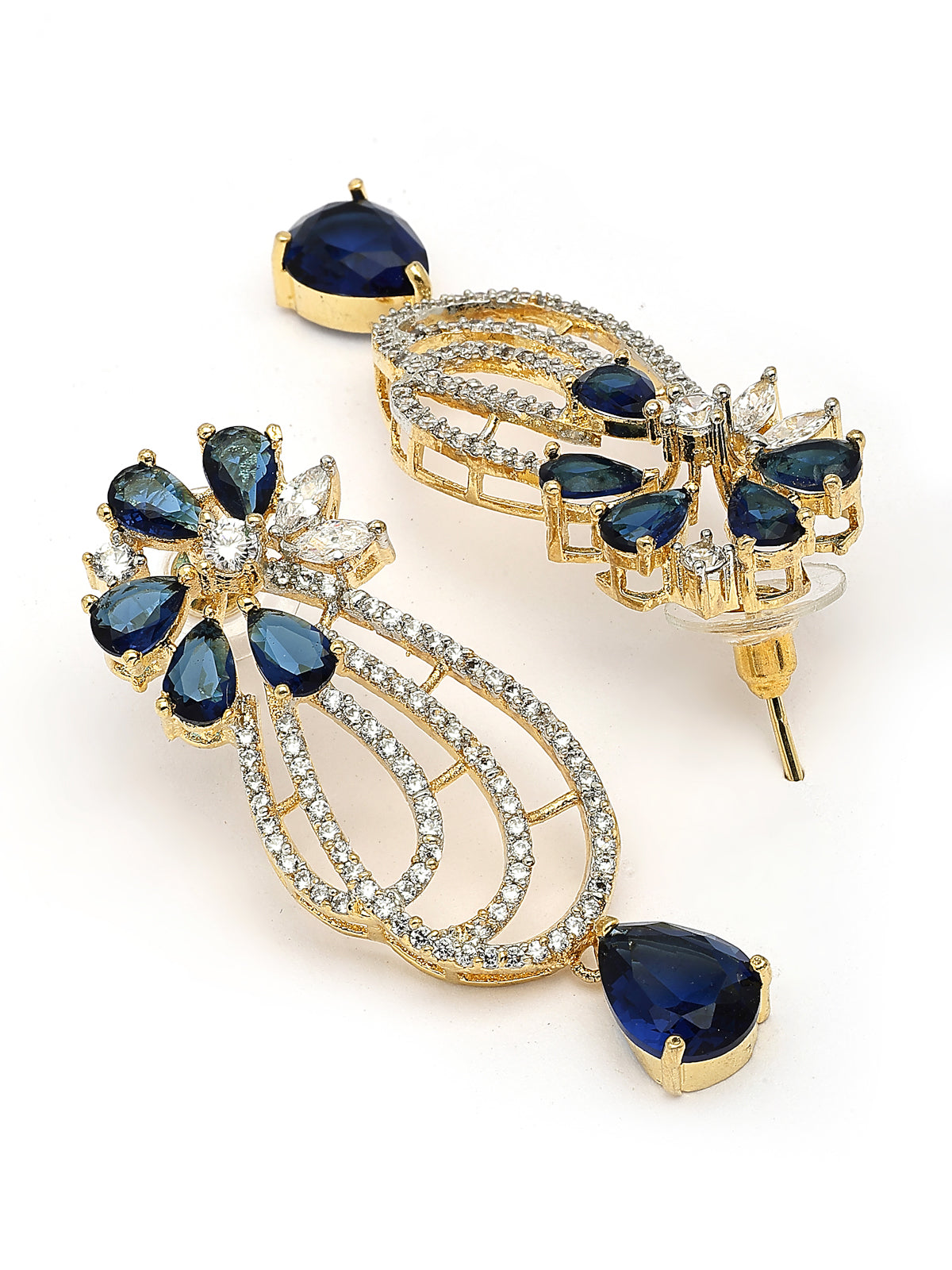 Sukkhi Unique Tear Drop Round Design Gold Plated Cubic Zirconia & Pearl Studded Blue Brass Collar Necklace with Drop Earrings Jewellery Set for Women|Latest Stylish Gifts for All Occasions|NS116063