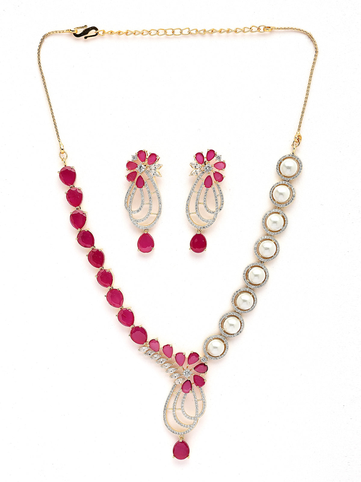 Sukkhi Beautiful Red Tear Drop Round Design Gold Plated Cubic Zirconia & Pearl Studded Brass Collar Necklace with Drop Earrings Jewellery Set for Women|Latest Stylish Gifts for All Occasions|NS116064