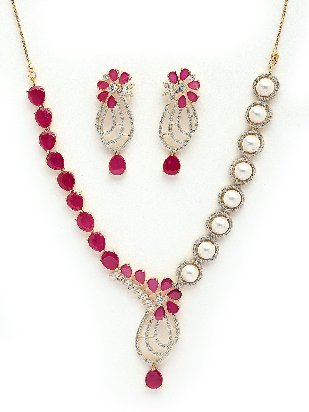 Sukkhi Beautiful Red Tear Drop Round Design Gold Plated Cubic Zirconia & Pearl Studded Brass Collar Necklace with Drop Earrings Jewellery Set for Women|Latest Stylish Gifts for All Occasions|NS116064