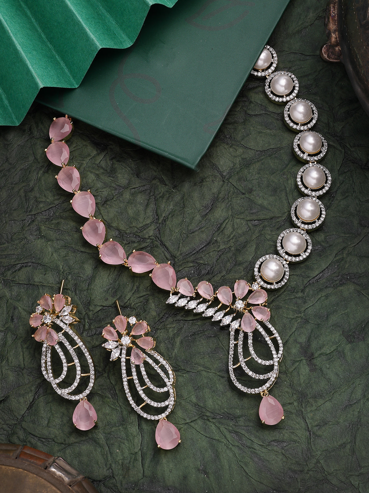 Sukkhi Pretty Pink Tear Drop Round Design Gold Plated Cubic Zirconia & Pearl Studded Brass Collar Necklace with Drop Earrings Jewellery Set for Women|Latest Stylish Gifts for All Occasions|NS116065