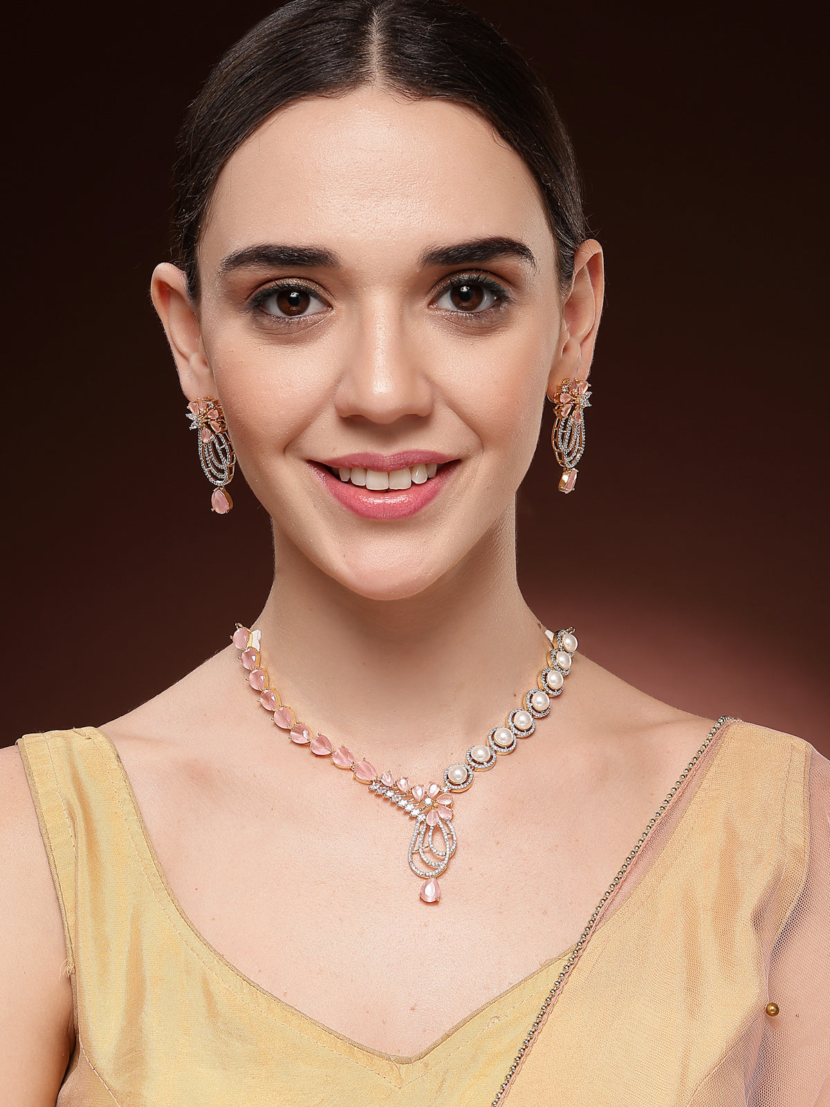 Sukkhi Pretty Pink Tear Drop Round Design Gold Plated Cubic Zirconia & Pearl Studded Brass Collar Necklace with Drop Earrings Jewellery Set for Women|Latest Stylish Gifts for All Occasions|NS116065