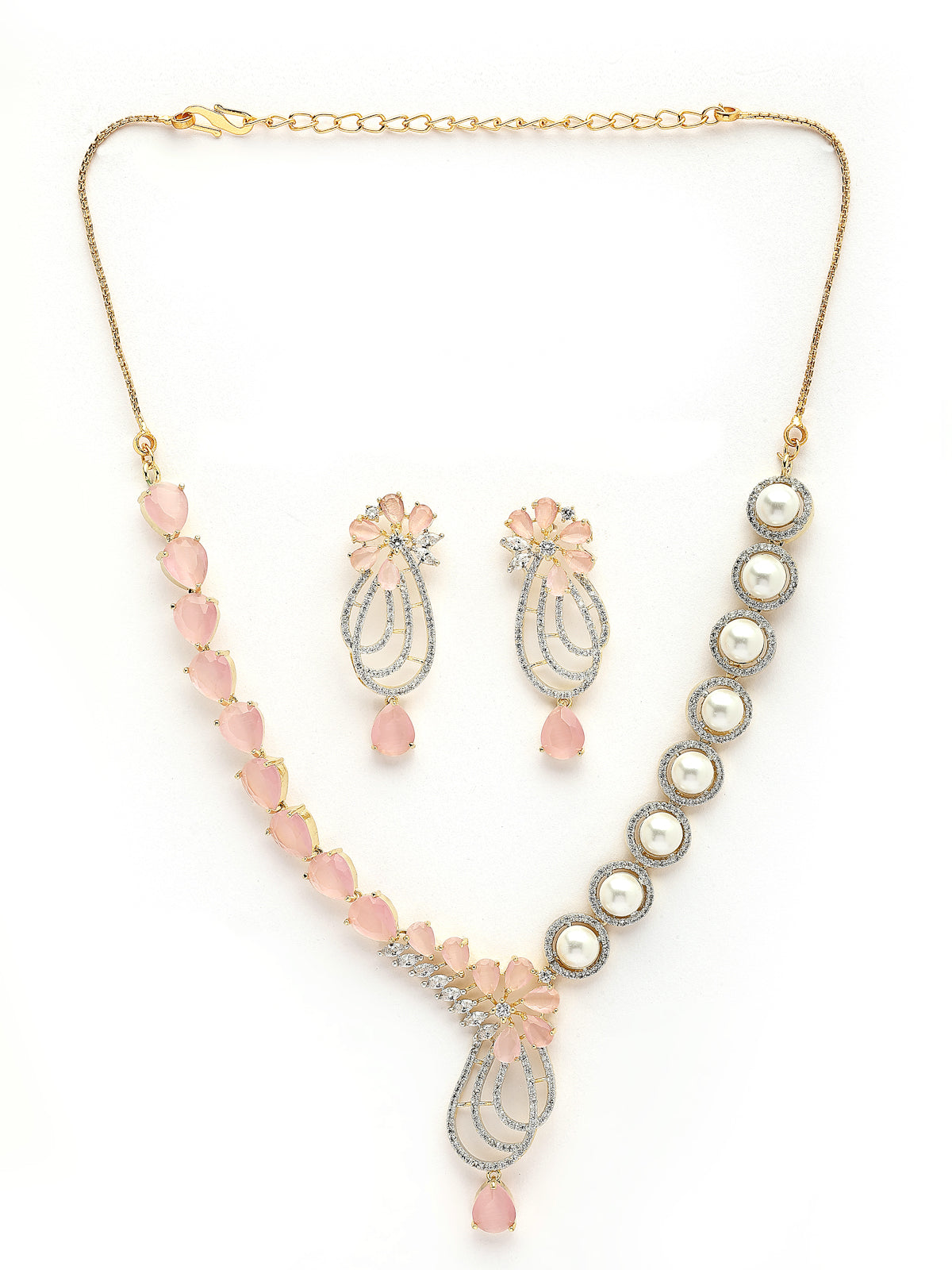 Sukkhi Pretty Pink Tear Drop Round Design Gold Plated Cubic Zirconia & Pearl Studded Brass Collar Necklace with Drop Earrings Jewellery Set for Women|Latest Stylish Gifts for All Occasions|NS116065