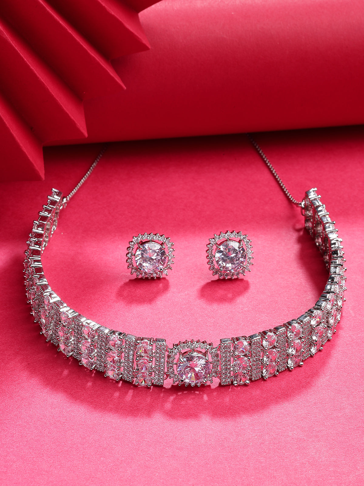 Sukkhi Decent Stylish Design Rhodium Plated Cubic Zirconia Studded White Brass Choker Necklace with Studs Earrings Jewellery Set for Women|Latest Stylish Gifts for All Occasions|NS116066