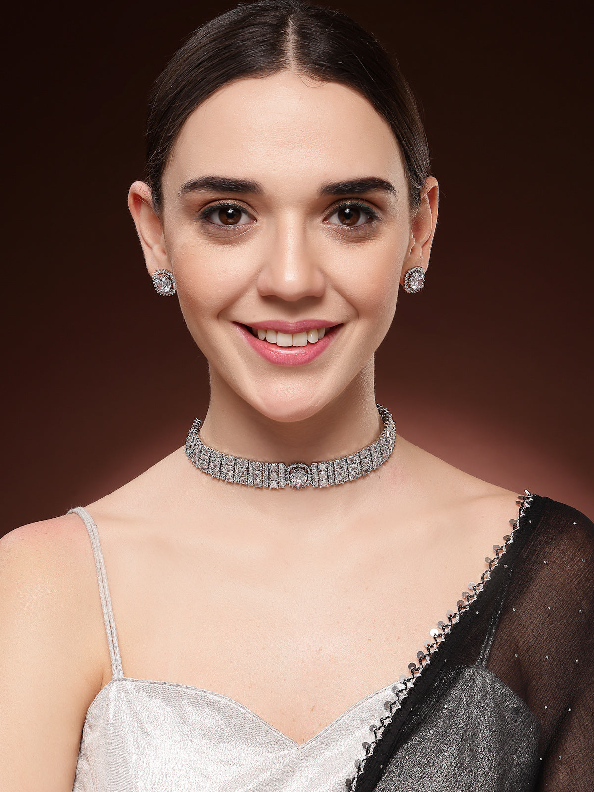 Sukkhi Decent Stylish Design Rhodium Plated Cubic Zirconia Studded White Brass Choker Necklace with Studs Earrings Jewellery Set for Women|Latest Stylish Gifts for All Occasions|NS116066