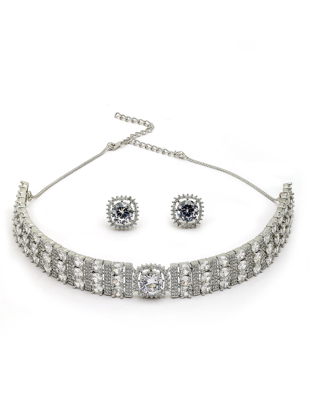 Sukkhi Decent Stylish Design Rhodium Plated Cubic Zirconia Studded White Brass Choker Necklace with Studs Earrings Jewellery Set for Women|Latest Stylish Gifts for All Occasions|NS116066
