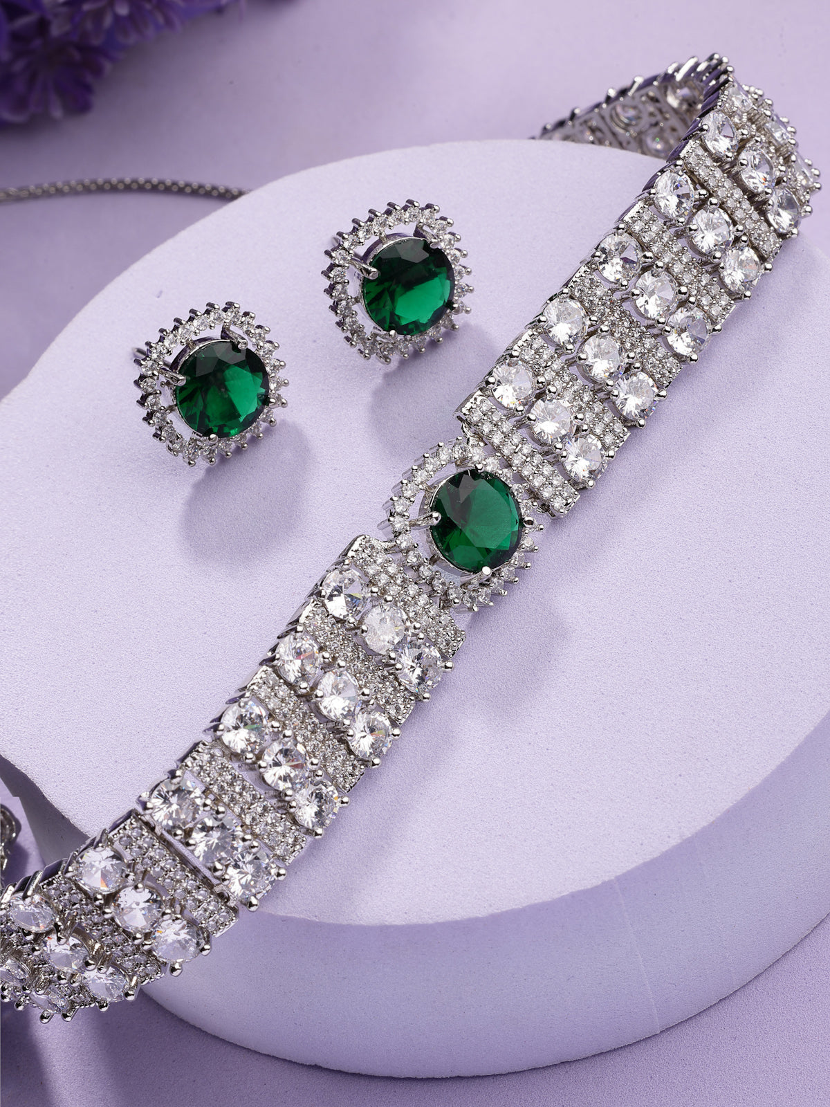 Sukkhi Delicate Fashionable Design Rhodium Plated Cubic Zirconia Studded Emerald Green Brass Choker Necklace with Studs Earrings Jewellery Set for Women|Latest Stylish Gift for All Occasions|NS116067