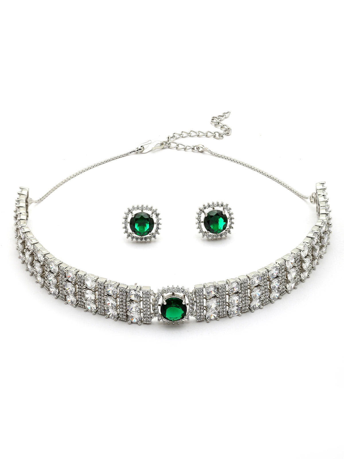 Sukkhi Delicate Fashionable Design Rhodium Plated Cubic Zirconia Studded Emerald Green Brass Choker Necklace with Studs Earrings Jewellery Set for Women|Latest Stylish Gift for All Occasions|NS116067