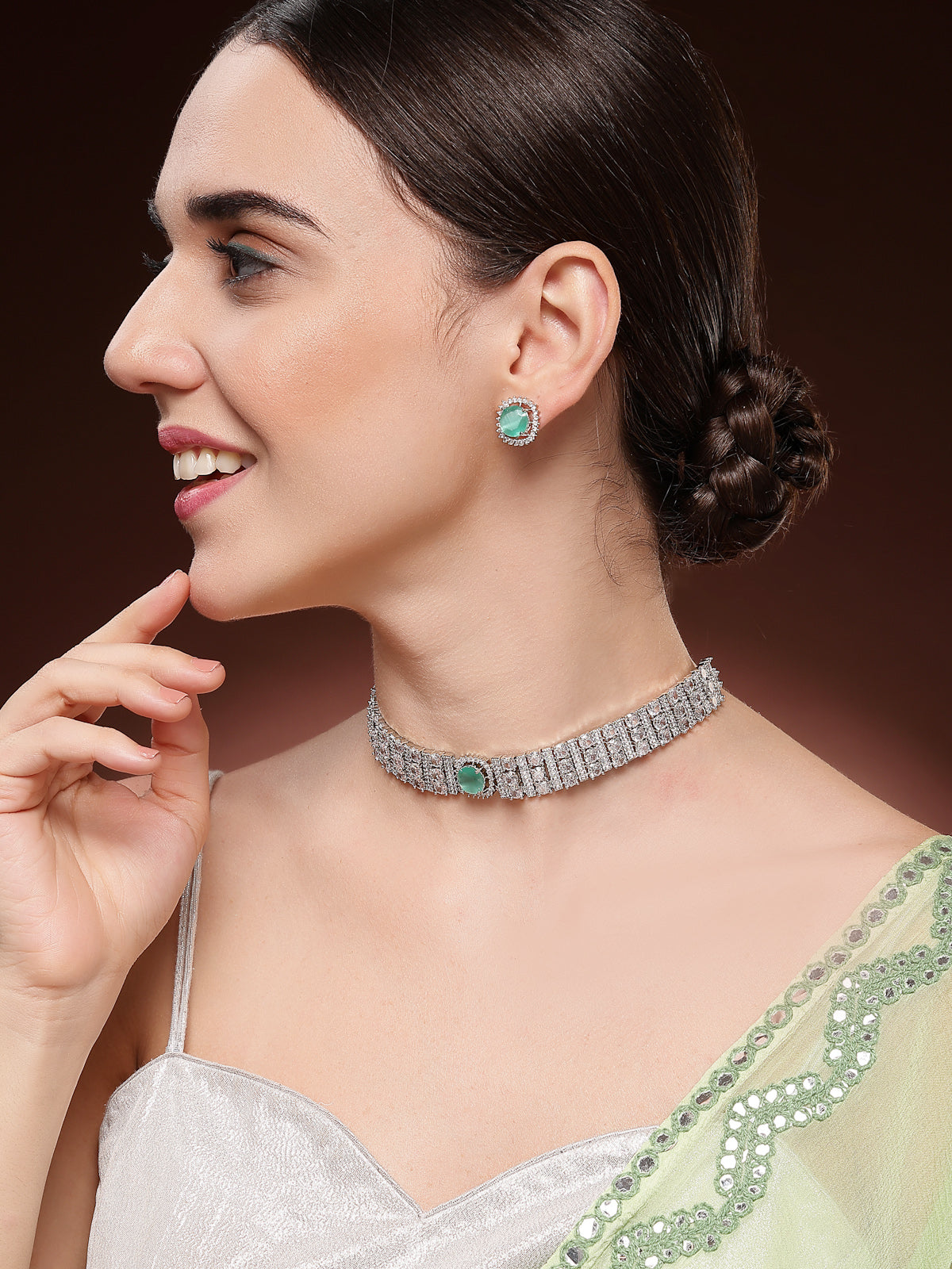 Sukkhi Glamorous Fashionable Design Rhodium Plated Cubic Zirconia Studded Mint Green Brass Choker Necklace with Studs Earrings Jewellery Set for Women|Latest Stylish Gifts for All Occasions|NS116068