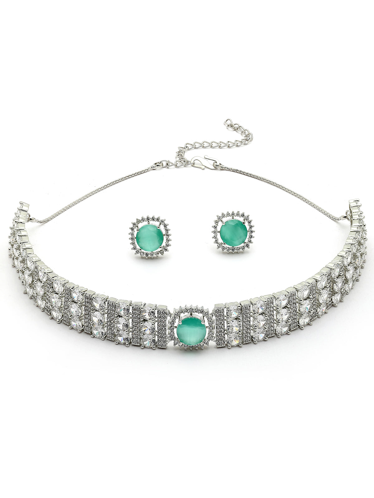 Sukkhi Glamorous Fashionable Design Rhodium Plated Cubic Zirconia Studded Mint Green Brass Choker Necklace with Studs Earrings Jewellery Set for Women|Latest Stylish Gifts for All Occasions|NS116068