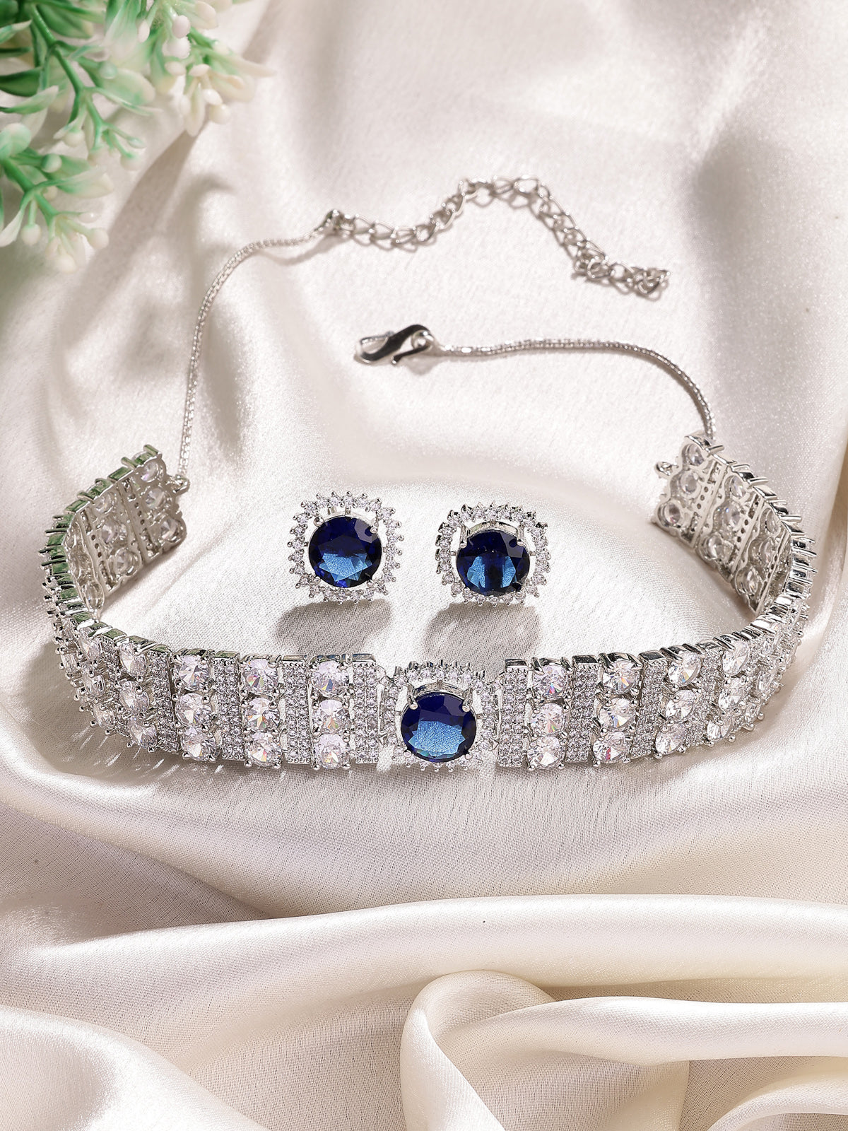 Sukkhi Iconic Blue Stylish Design Rhodium Plated Cubic Zirconia Studded Brass Choker Necklace with Studs Earrings Jewellery Set for Women|Latest Stylish Gifts for All Occasions|NS116069