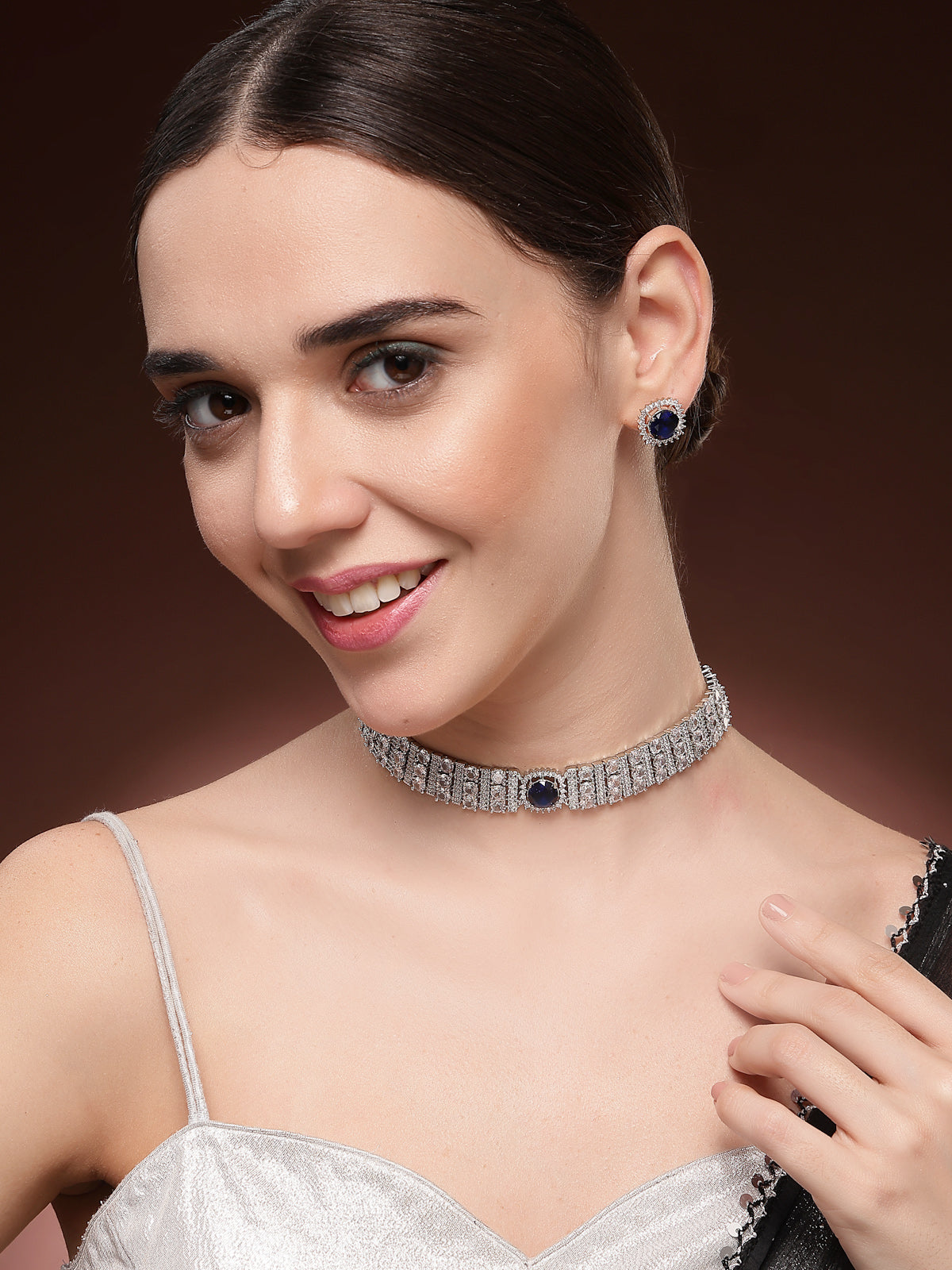 Sukkhi Iconic Blue Stylish Design Rhodium Plated Cubic Zirconia Studded Brass Choker Necklace with Studs Earrings Jewellery Set for Women|Latest Stylish Gifts for All Occasions|NS116069