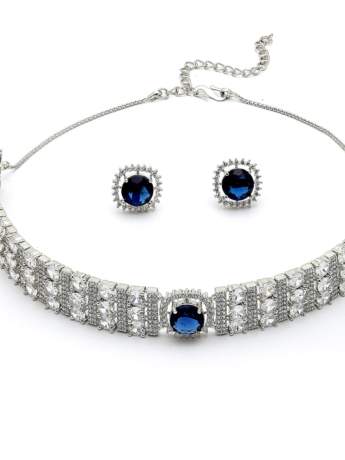 Sukkhi Iconic Blue Stylish Design Rhodium Plated Cubic Zirconia Studded Brass Choker Necklace with Studs Earrings Jewellery Set for Women|Latest Stylish Gifts for All Occasions|NS116069
