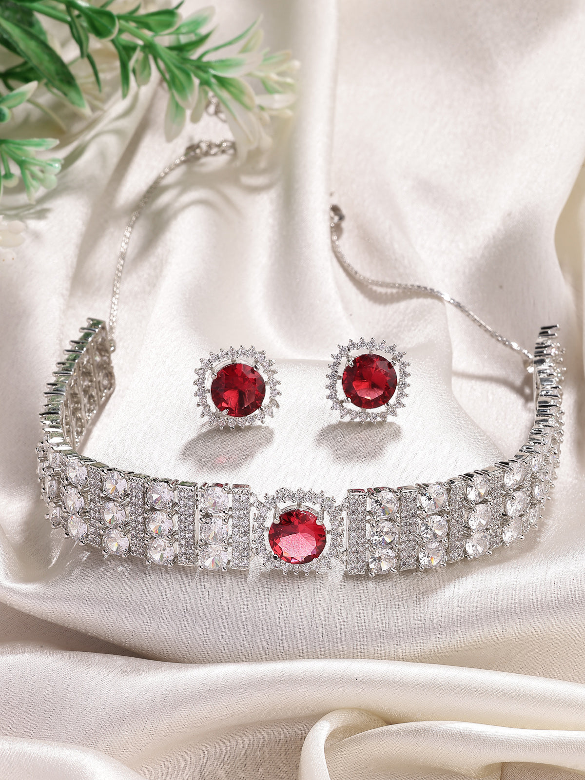 Sukkhi Red Cherry Stylish Rhodium Plated Cubic Zirconia Studded Brass Choker Necklace with Studs Earrings Jewellery Set for Women|Latest Stylish Gifts for All Occasions|NS116070