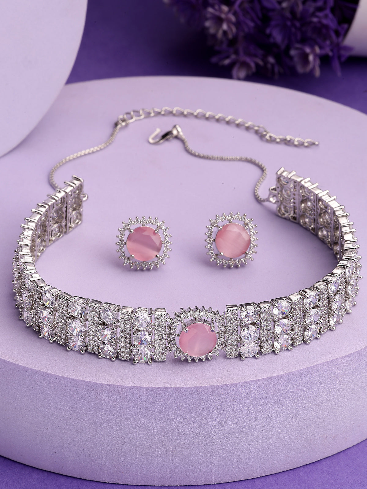 Sukkhi Elegant Stylish Rhodium Plated Cubic Zirconia Studded Brass Pink Choker Necklace with Studs Earrings Jewellery Set for Women|Latest Stylish Gifts for All Occasions|NS116071